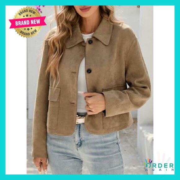 Faux Suede Cropped Jacket Vintage Button Down Shacket Chic Casual Y2K - Picture 5 of 8